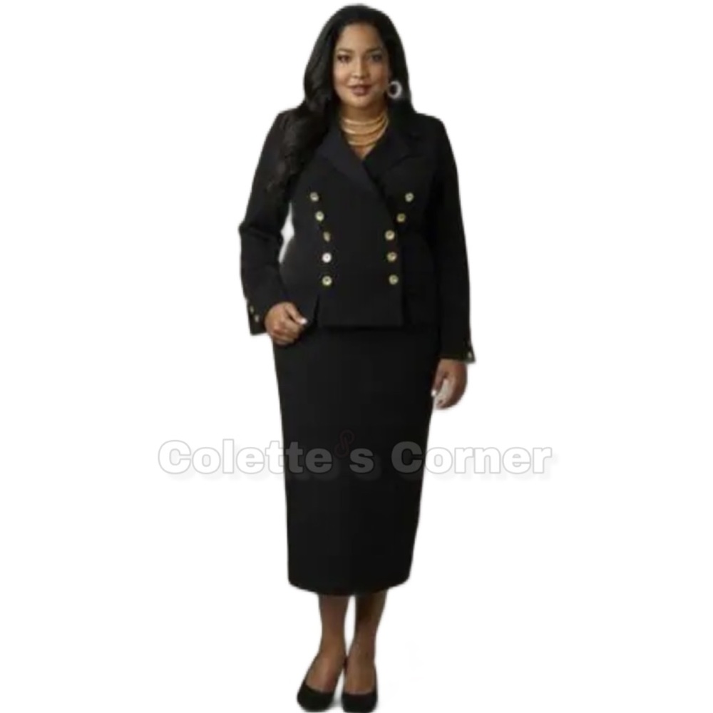 Monroe & Main Black Double Breasted Gold Button Maxi Pencil Skirt Suit